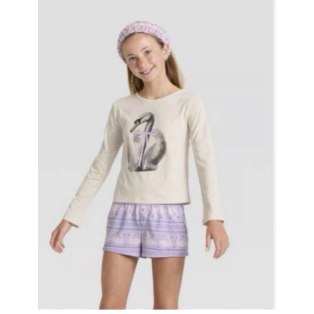 Art Class Girls 3Pc Pajama Set Swan Print Purple Sleepwear Size L 10/12 NWT